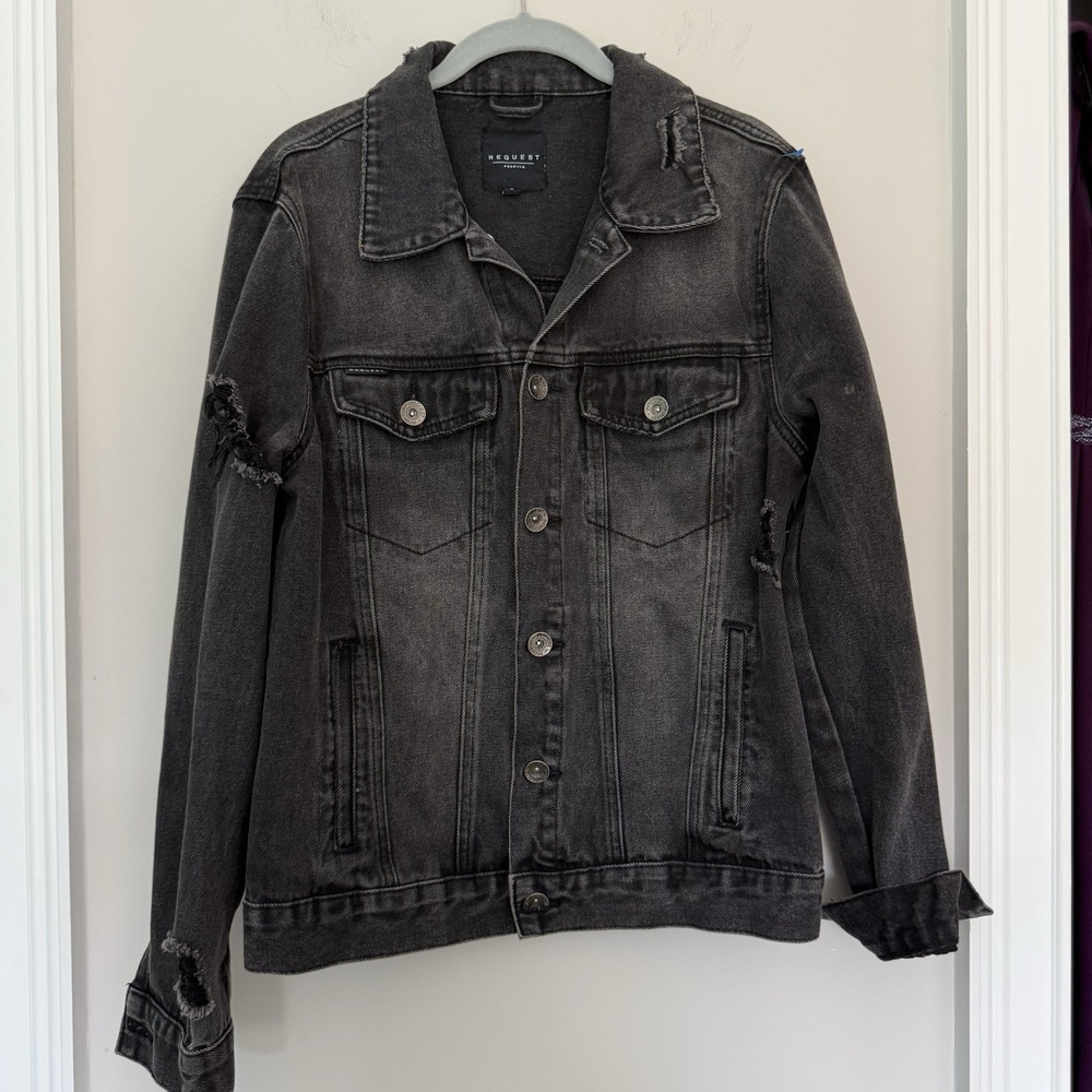 Request Mens Denim Jacket Sz S Trucker Distressed Moto Button Up Faded Black